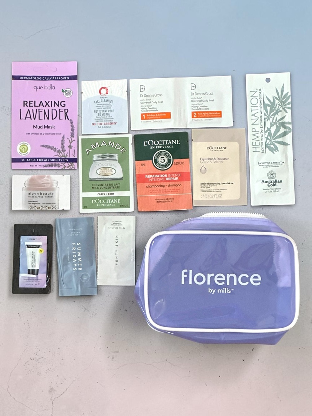 Sephora Sample Bundle with Florence beauty bag New unused 13 pc.